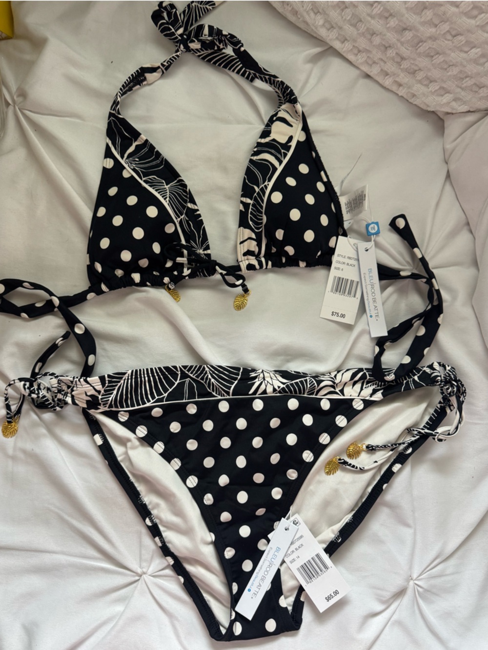 Bleu Rod Beattie Island Time Black & White Polka Dot Bikini halter TOP women 6